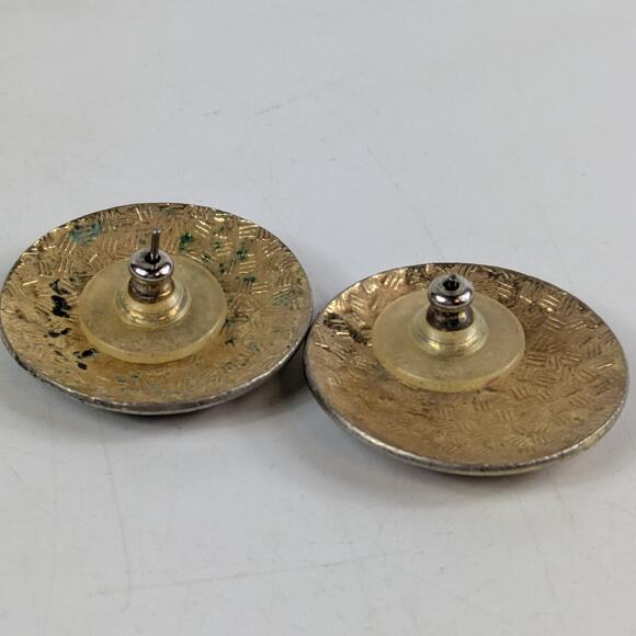 Vtg Enamel Floral Round Post Earrings Black Red Gold Art Nouveau Style Cloisonné - Picture 3 of 6